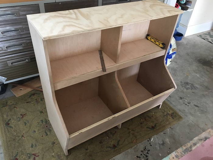 wood toy box with bookshelf