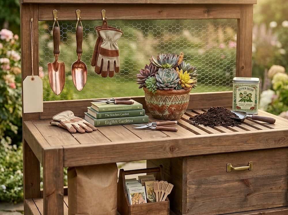 Detailed view of DIY potting bench
