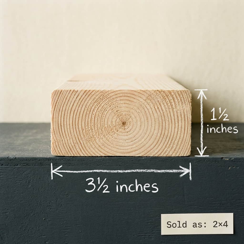 End grain of a 2x4 with chalk arrows showing the actual dimensions: 1 1/2 inches tall by 3 1/2 inches wide. Sold-as-2x4 label in corner.