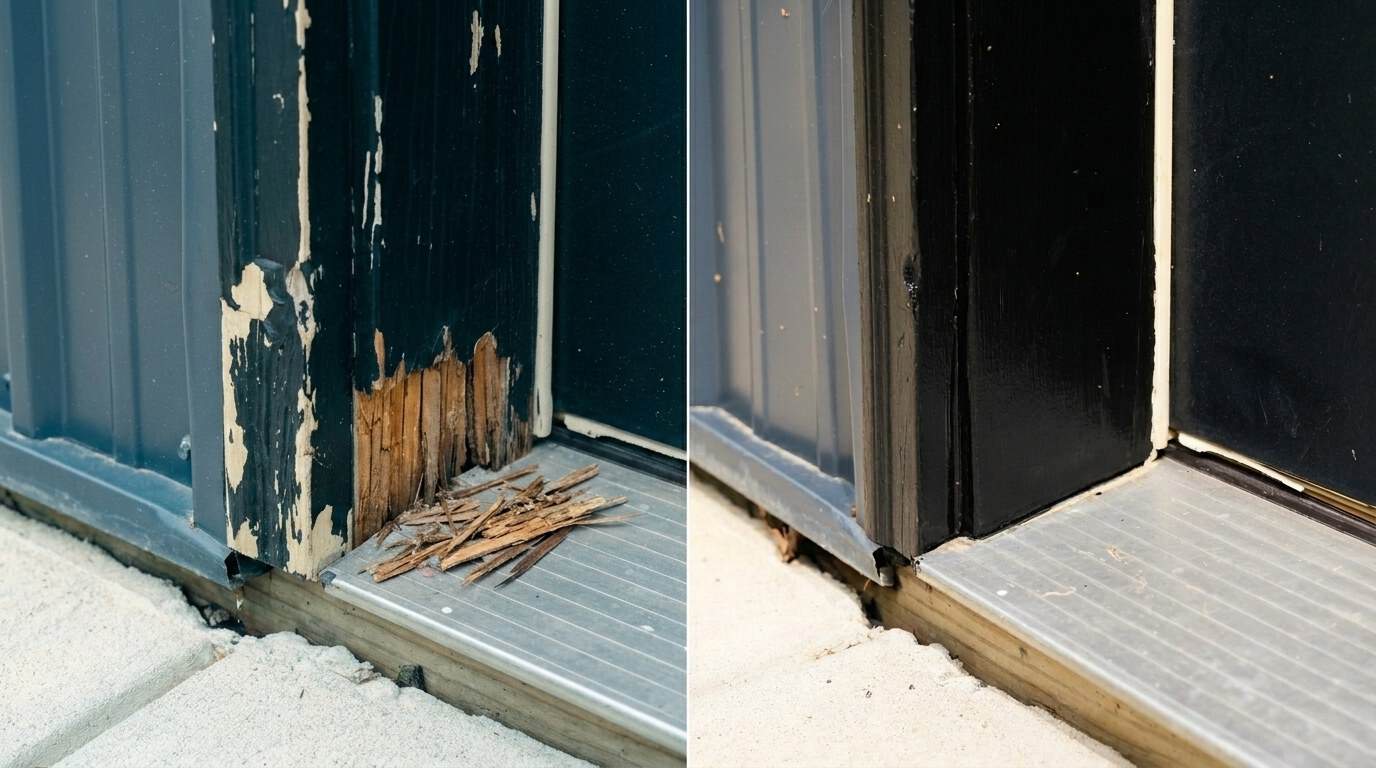 Before and after: a rotted exterior door frame restored with the DAP Plastic Wood Rot Repair Kit — painted and sealed