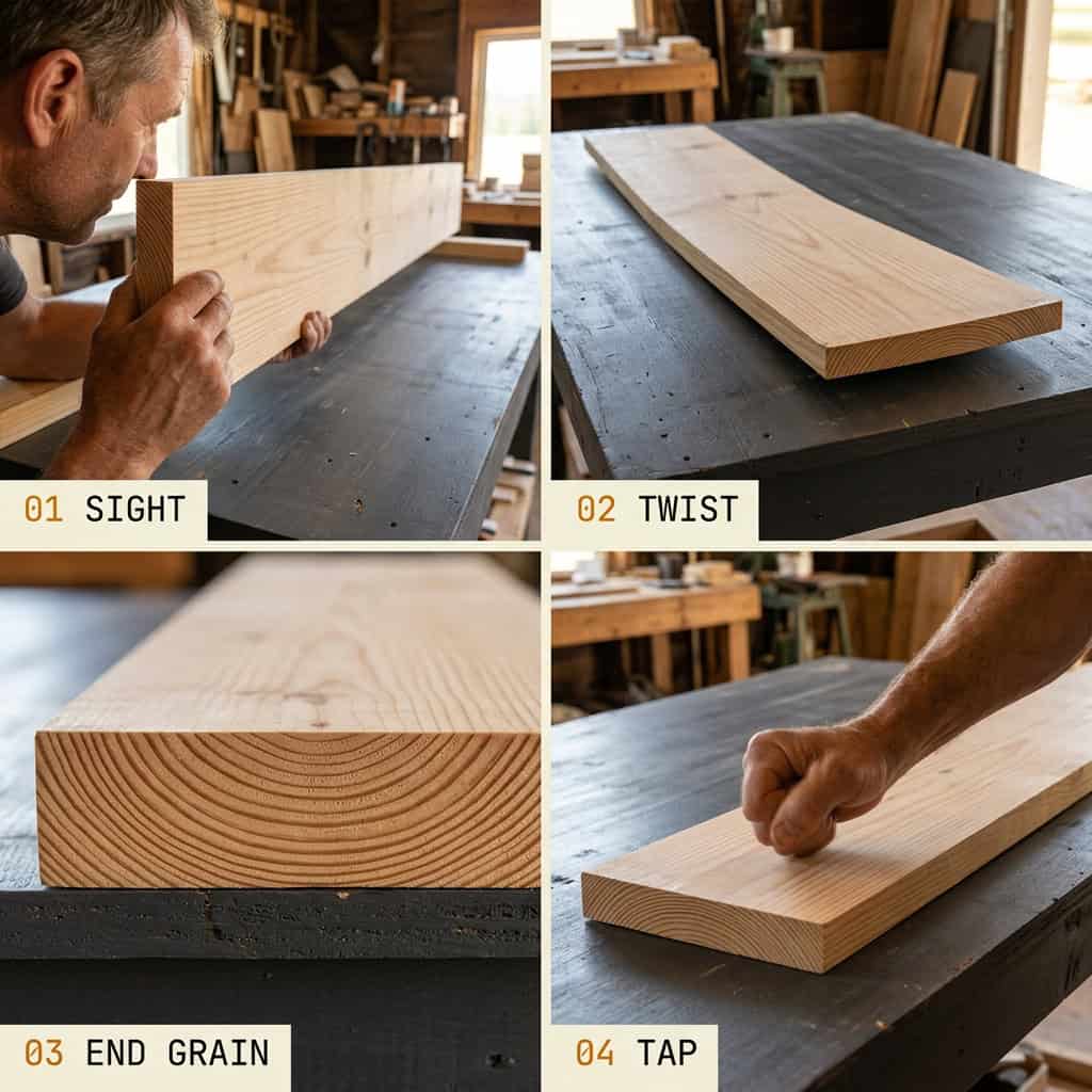 Four-step board inspection: sight for straightness, check for twist, inspect end grain, tap for moisture.