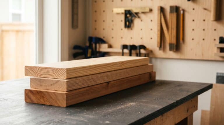 Stack of pine, oak, and cedar dimensional lumber boards on a charcoal workbench in a clean home woodworking shop.