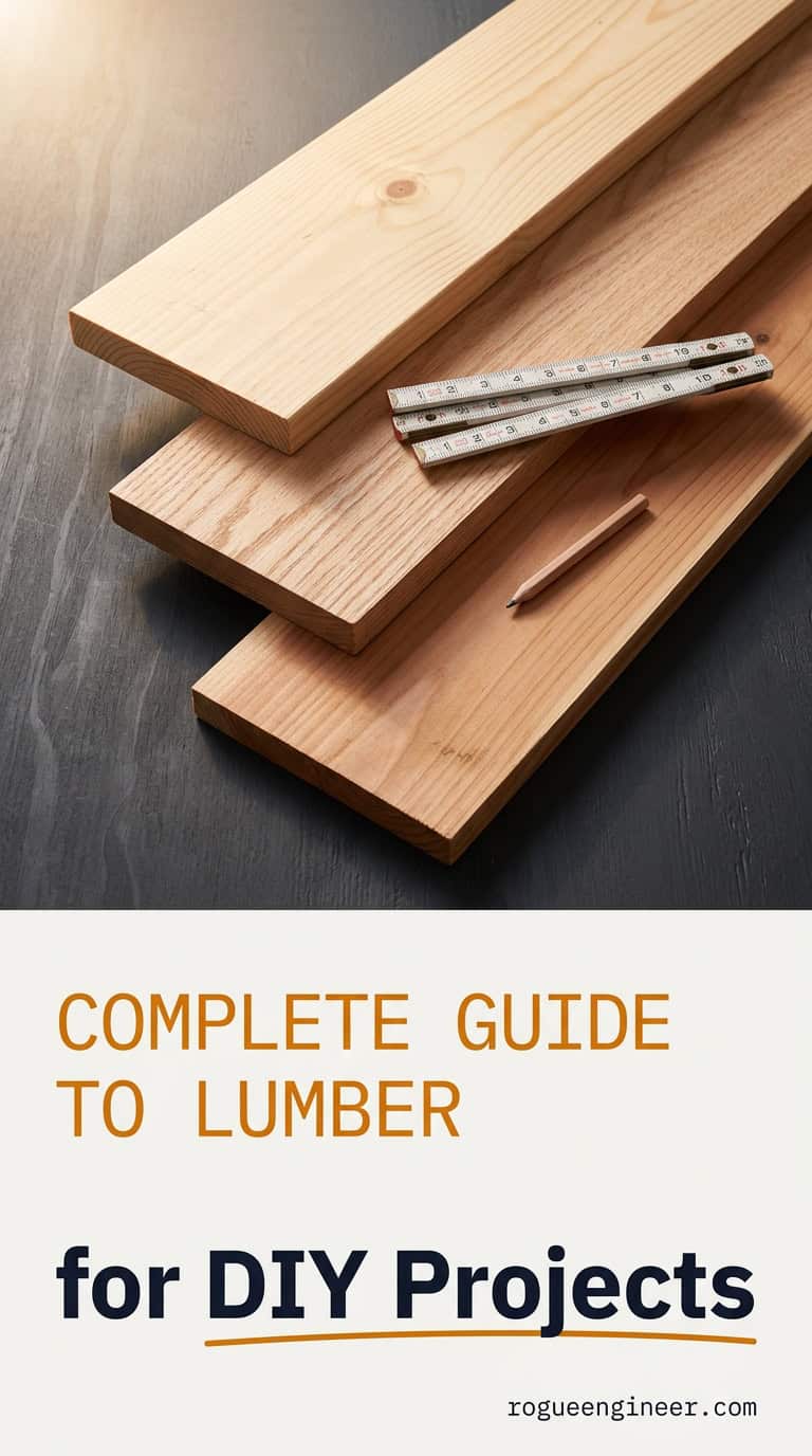 Complete Guide to Lumber for DIY Projects — what to buy, how to read dimensions, and how to pick straight boards. Free guide from Rogue Engineer.