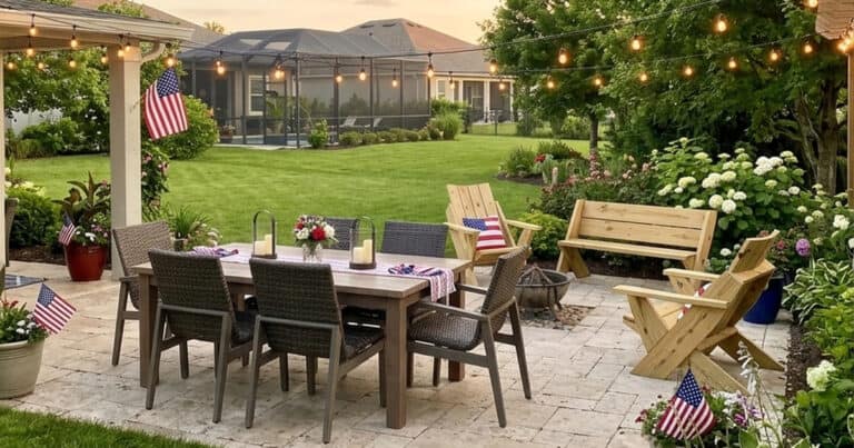 Outdoor furniture plans: a finished backyard with a DIY bench, two Adirondack chairs and a dining table