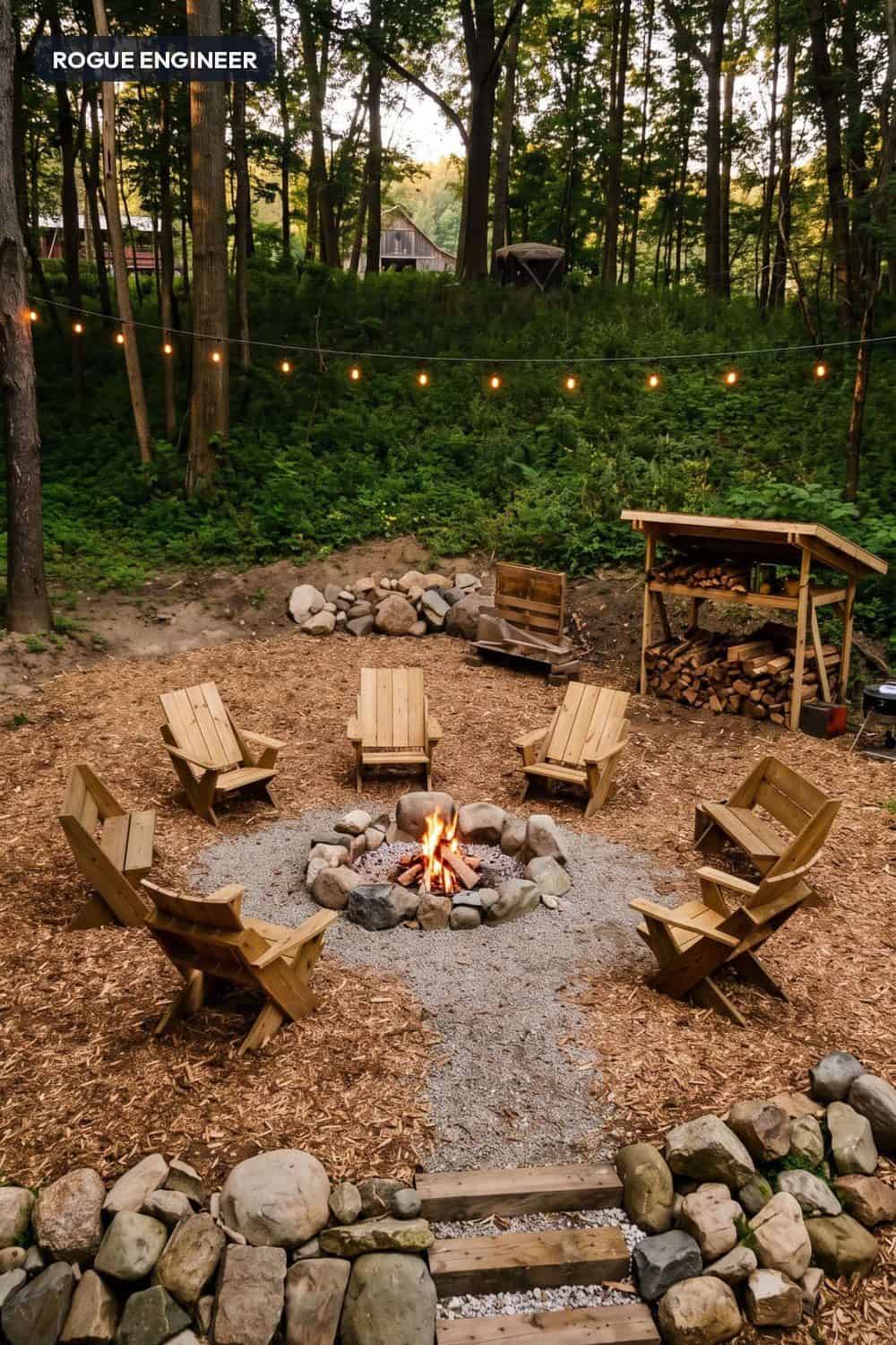 DIY fire pit makeover — turn a bare backyard pit into a campsite-style hangout in a weekend for $150–$300. Level gravel base, block ring, and built seating. #firepit #DIY #outdoorliving