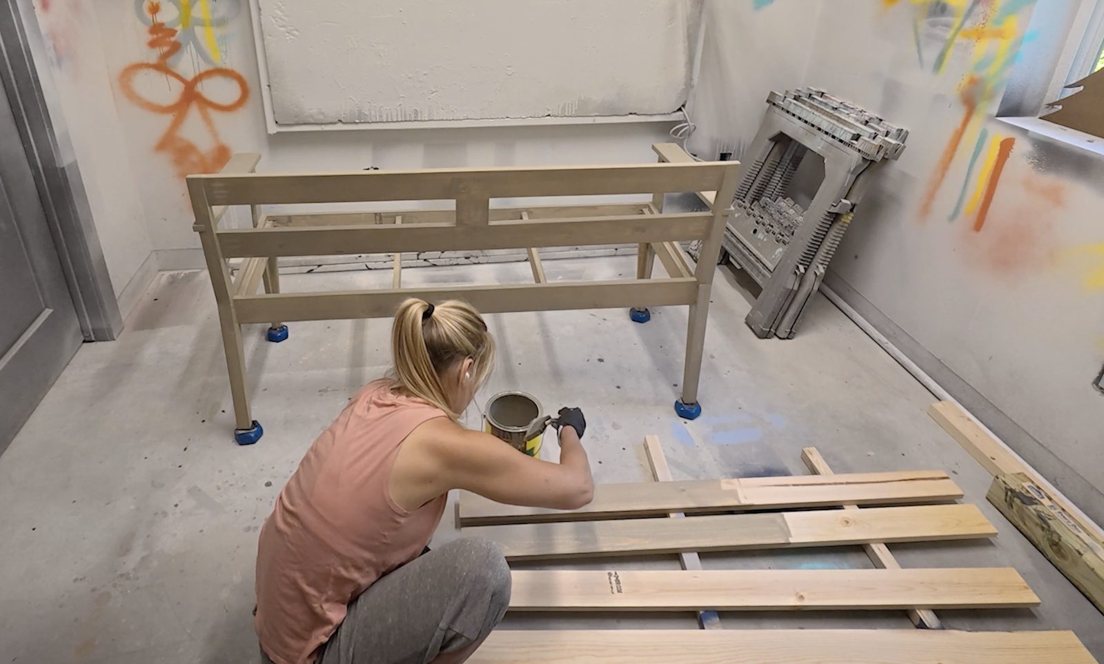 Staining the loose seat slats before installing them