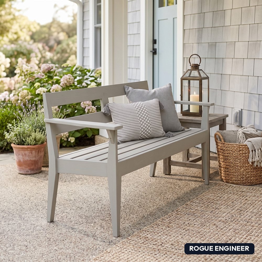 Finished garden bench styled on a porch