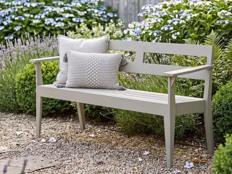 Finished DIY garden bench styled in a lush garden
