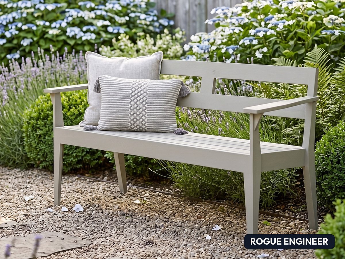 Finished DIY garden bench styled in a lush garden