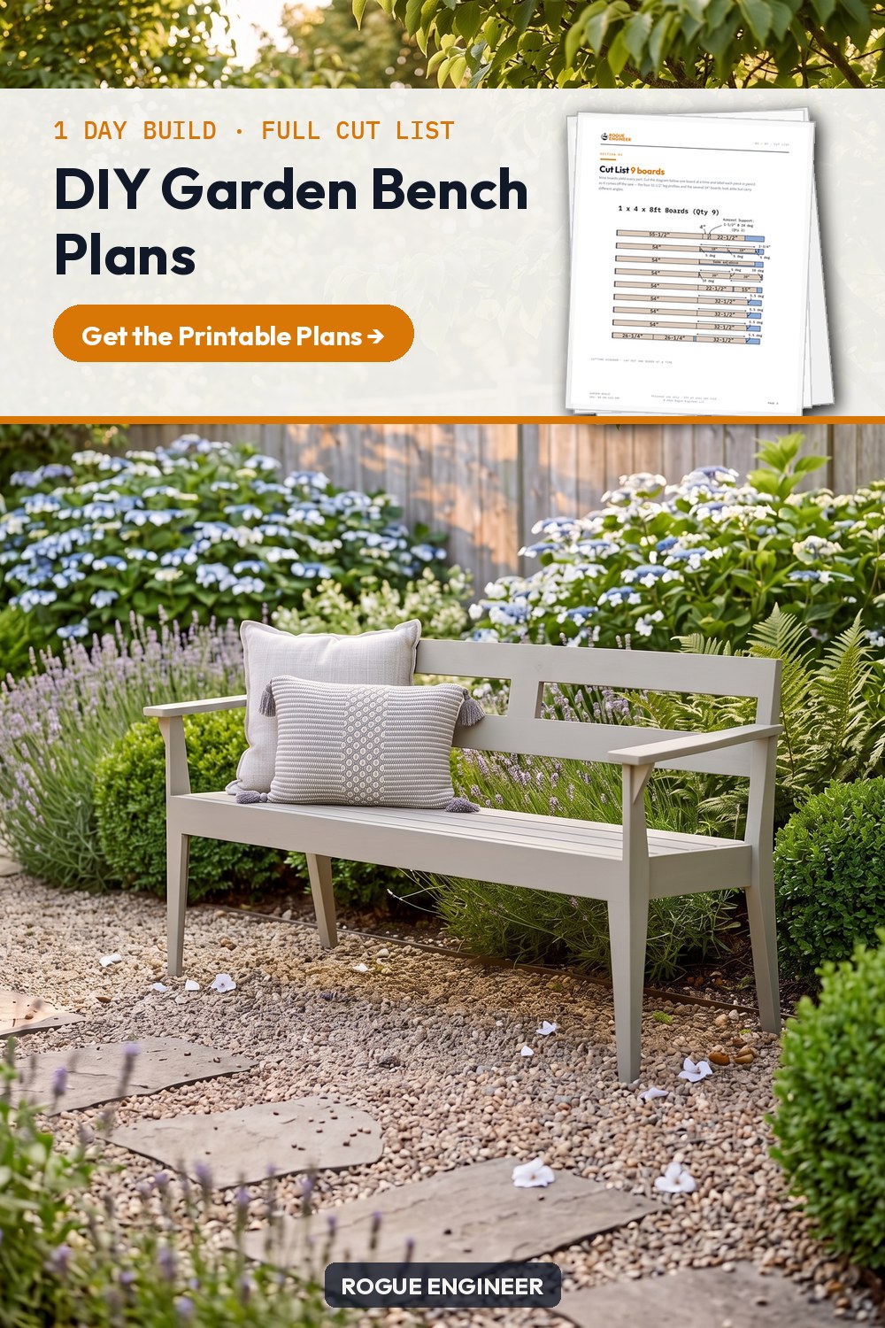 DIY garden bench plans - build a five-foot outdoor garden bench from nine 1x4 boards for about $45 in lumber.
