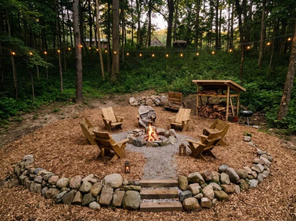 DIY fire pit makeover — campsite-style backyard fire pit with a level gravel base, stone ring, and wooden chairs under string lights at dusk