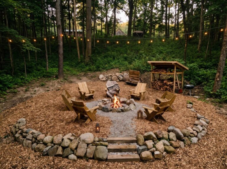 DIY fire pit makeover — campsite-style backyard fire pit with a level gravel base, stone ring, and wooden chairs under string lights at dusk