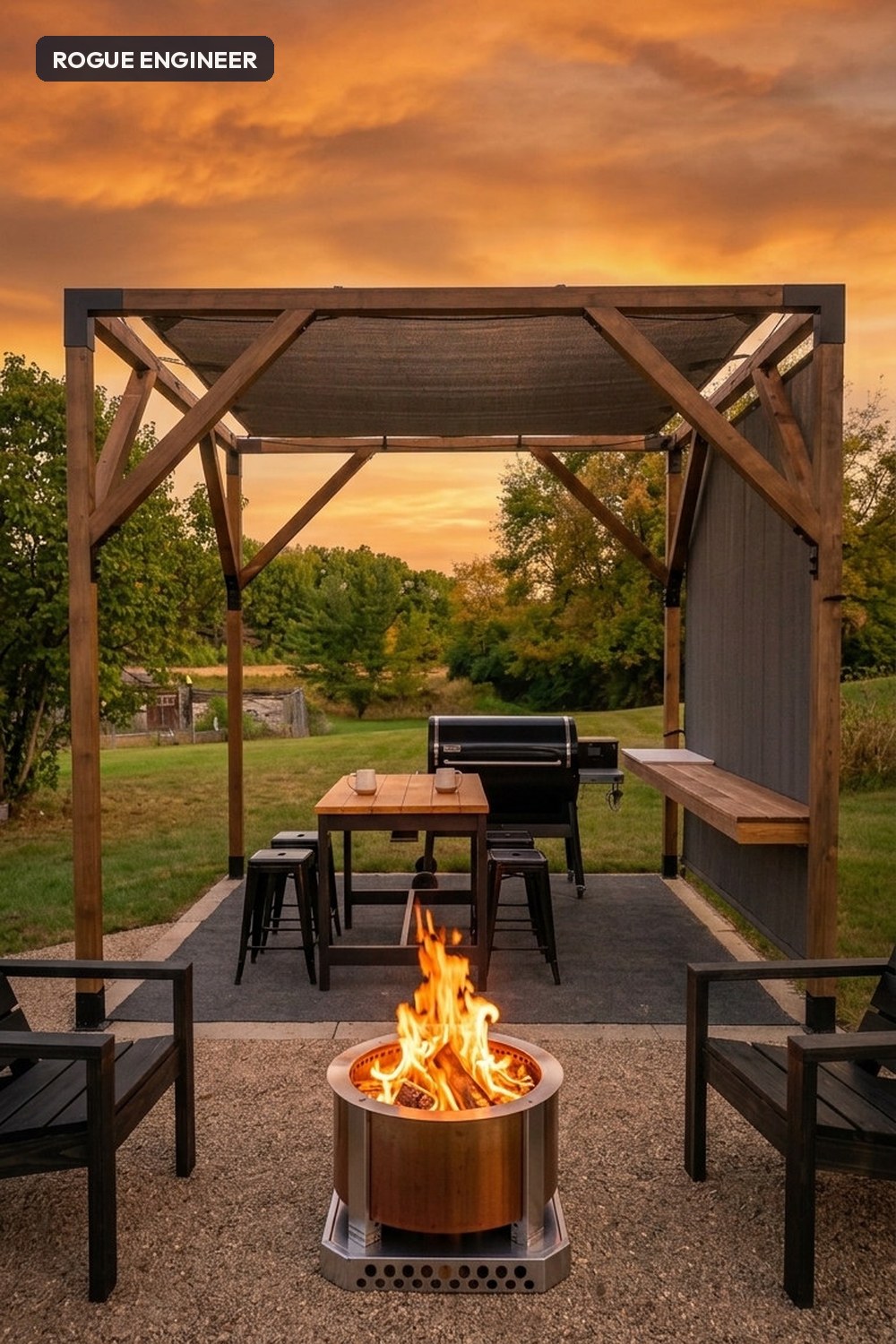 DIY pergola with fire pit patio, bar, and sun shade — built in 2 hours for $869. Full how-to + free plan builder.