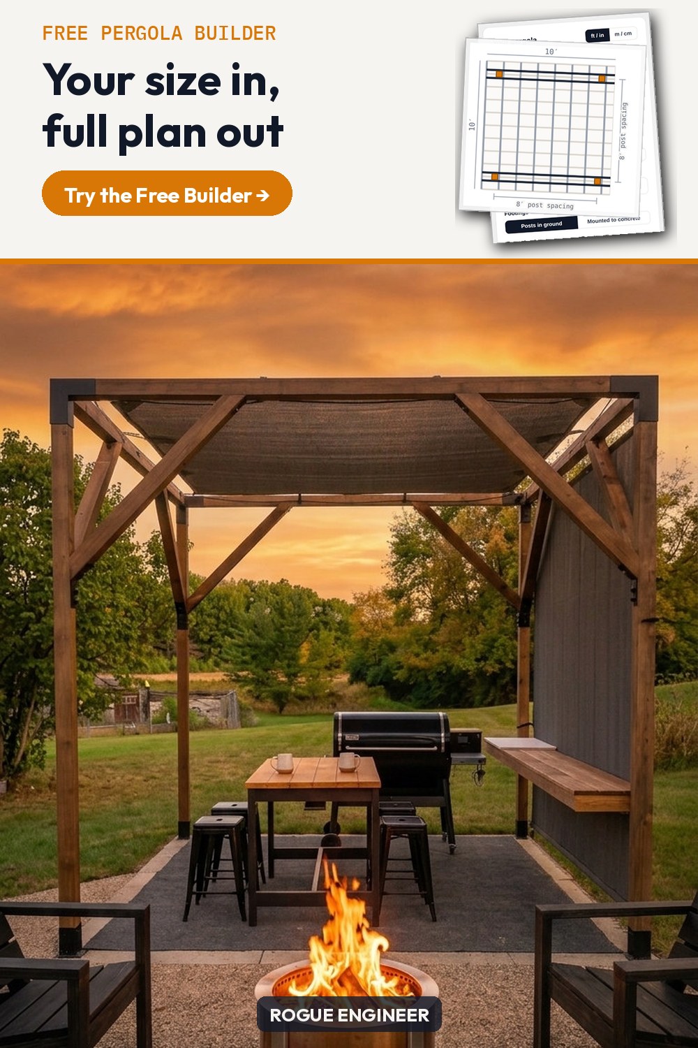 Free Pergola Builder — enter your size, get the full plan: cut list, shopping list, and cost. Plus the real 2-hour, $869 build on camera.