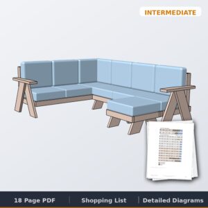 outdoor sectional plans, L-shaped patio sectional with cushions and chaise stool