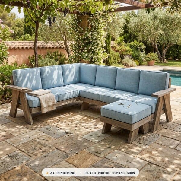 finished DIY outdoor sectional styled on a stone patio