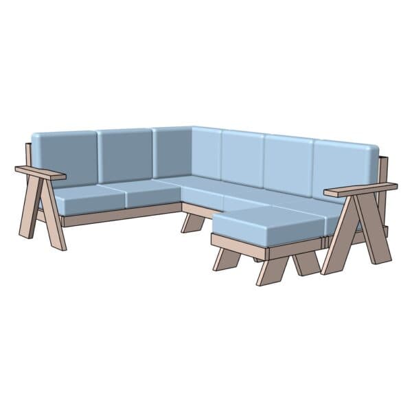 outdoor sectional render with cushions and the stool pulled in as a chaise
