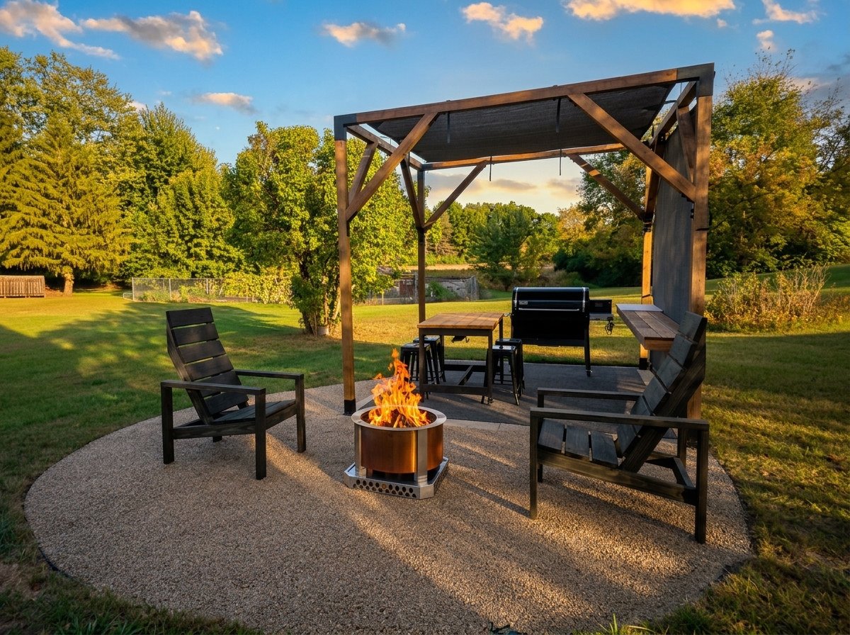 Finished 10x10 pergola with side bar and shade, pea gravel patio, Breeo fire pit, and DIY outdoor chairs