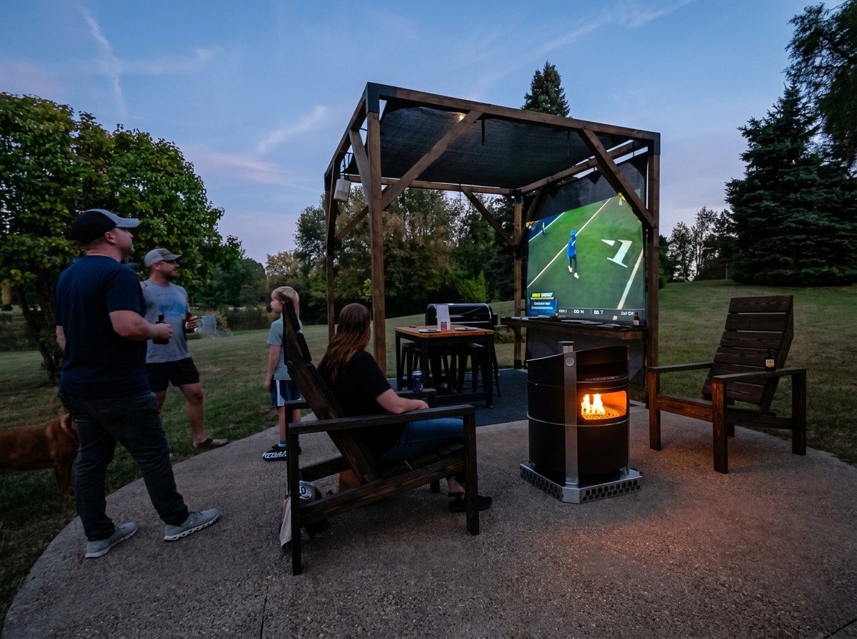 Backyard movie night: battery projector playing on the pergola side shade next to the fire pit