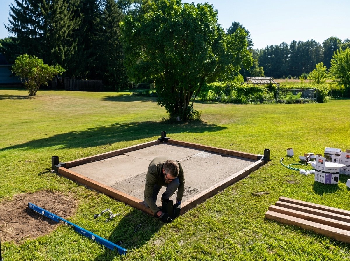 How to build a pergola, step 1: laying out the top frame on the concrete pad and marking the post base locations