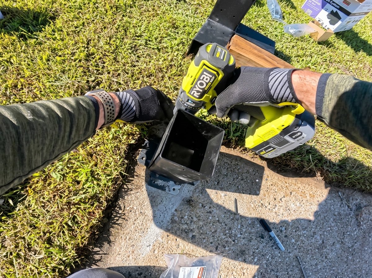 Driving concrete anchors for the pergola post bases with a drill