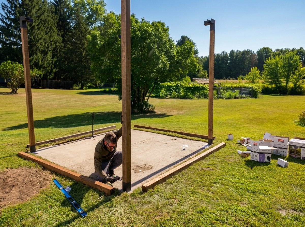 Four posts standing on the concrete pad with the top frame brackets ready for beams