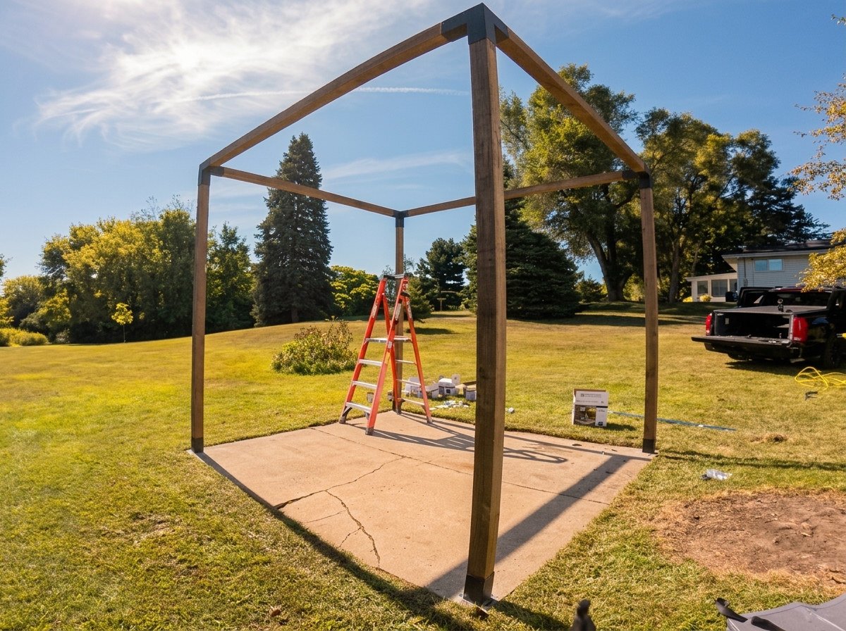 Pergola frame complete: posts and beams up on the concrete pad, ready for the sun shade