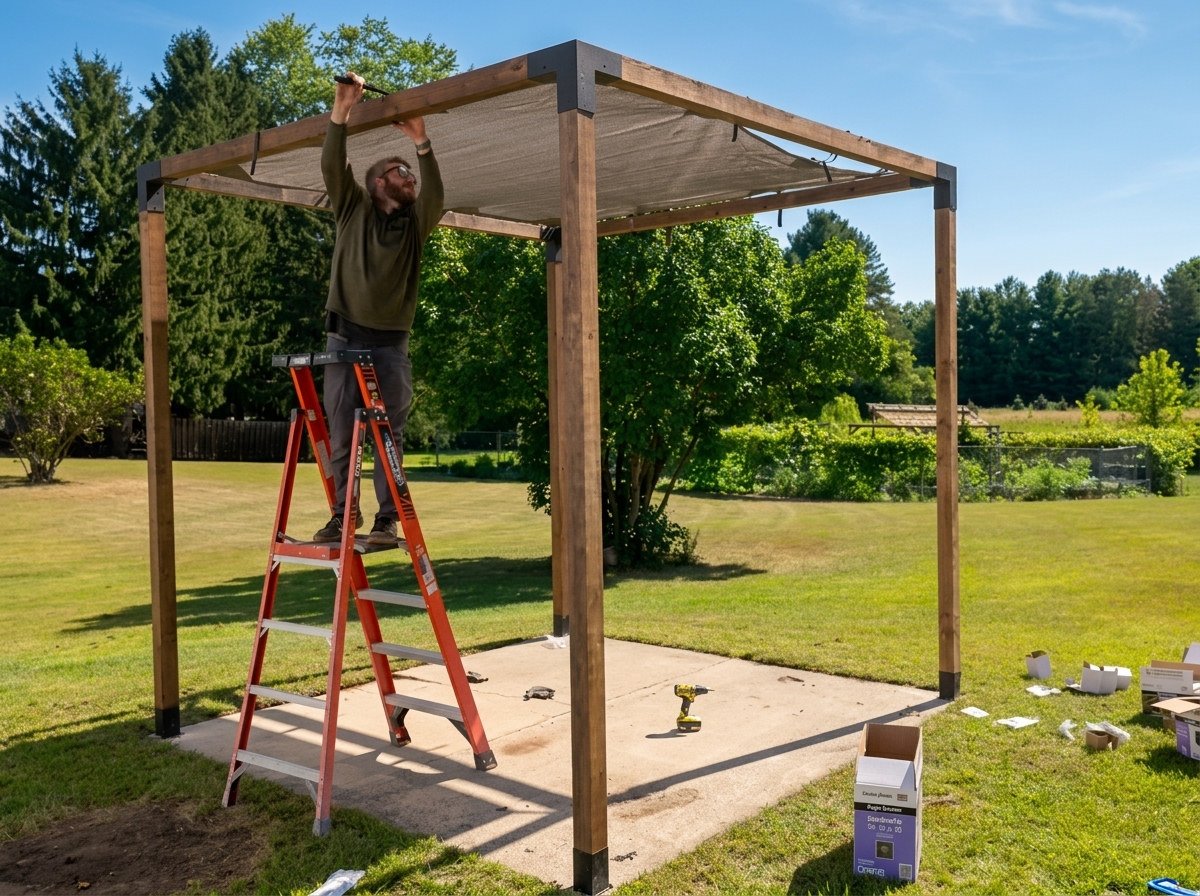 Clipping the Simpson Sage sun shade over the top of the open pergola frame