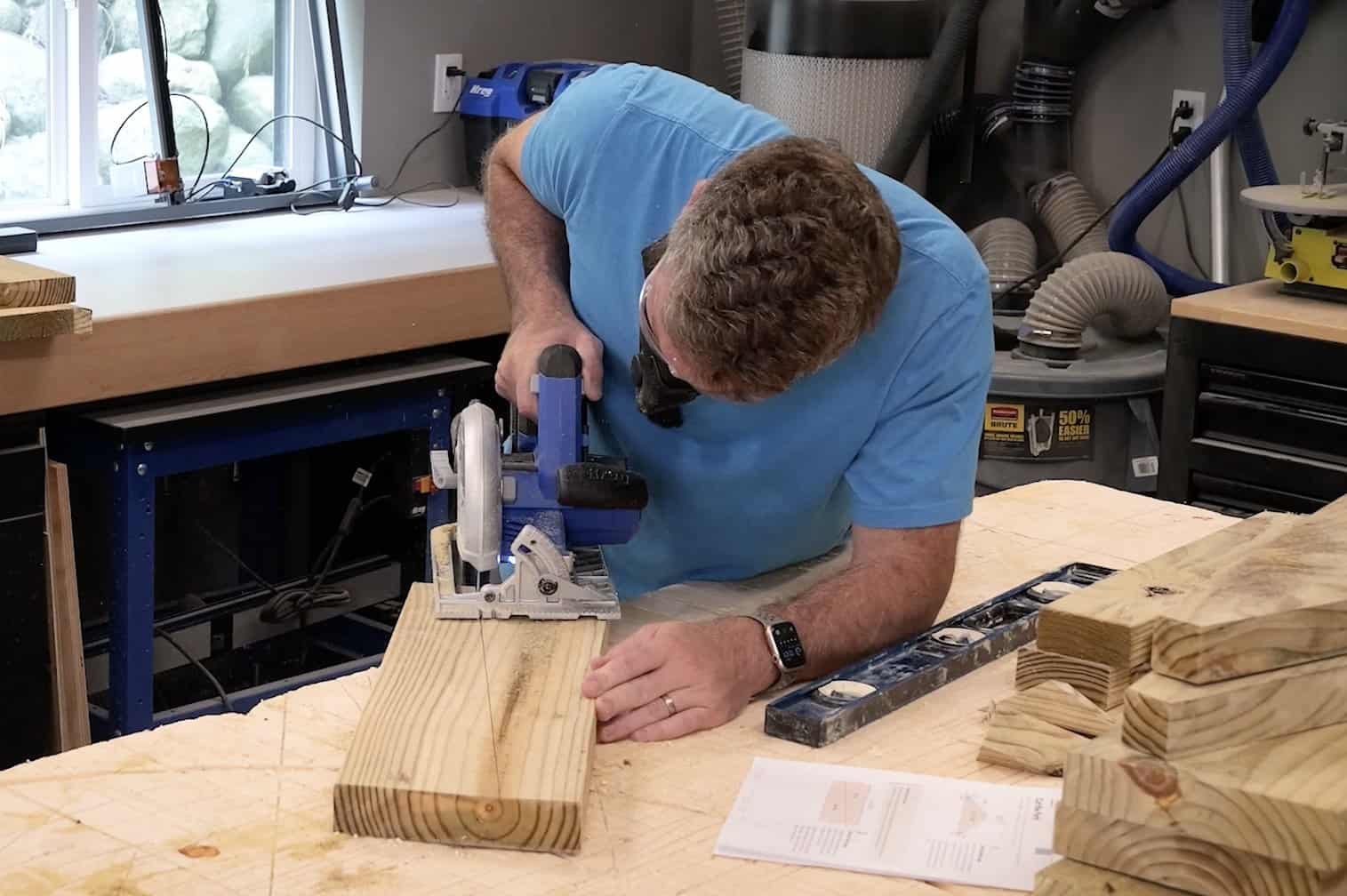 Ripping the 22-inch front leg blank in half with a circular saw