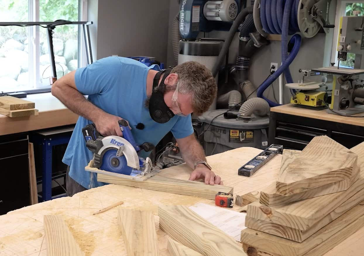 Cutting the shallow taper on a 2x4 arm rest blank with a circular saw