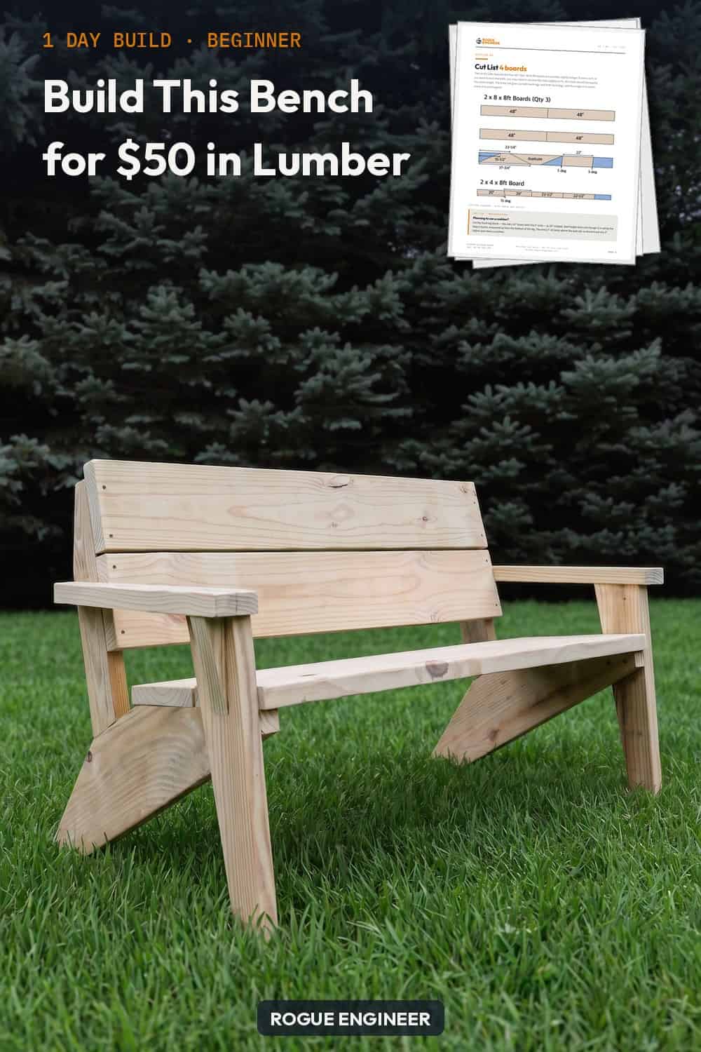 Build this modern outdoor bench for about $50 in lumber. Three 2x8s and one 2x4 make a 55 inch two seat bench with an angled back and real armrests, and every part comes off a circular saw. Printable DIY plans with the full cut list and dimensioned diagrams, imperial and metric.