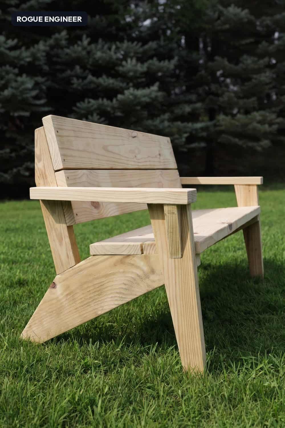 DIY modern outdoor bench plans for a clean lined two seat bench, 55 inches wide, built from three 2x8s and a single 2x4 for about $50 in lumber. One day build, beginner friendly. Printable PDF with the full cut list and dimensioned diagrams for all nine steps, imperial and metric.