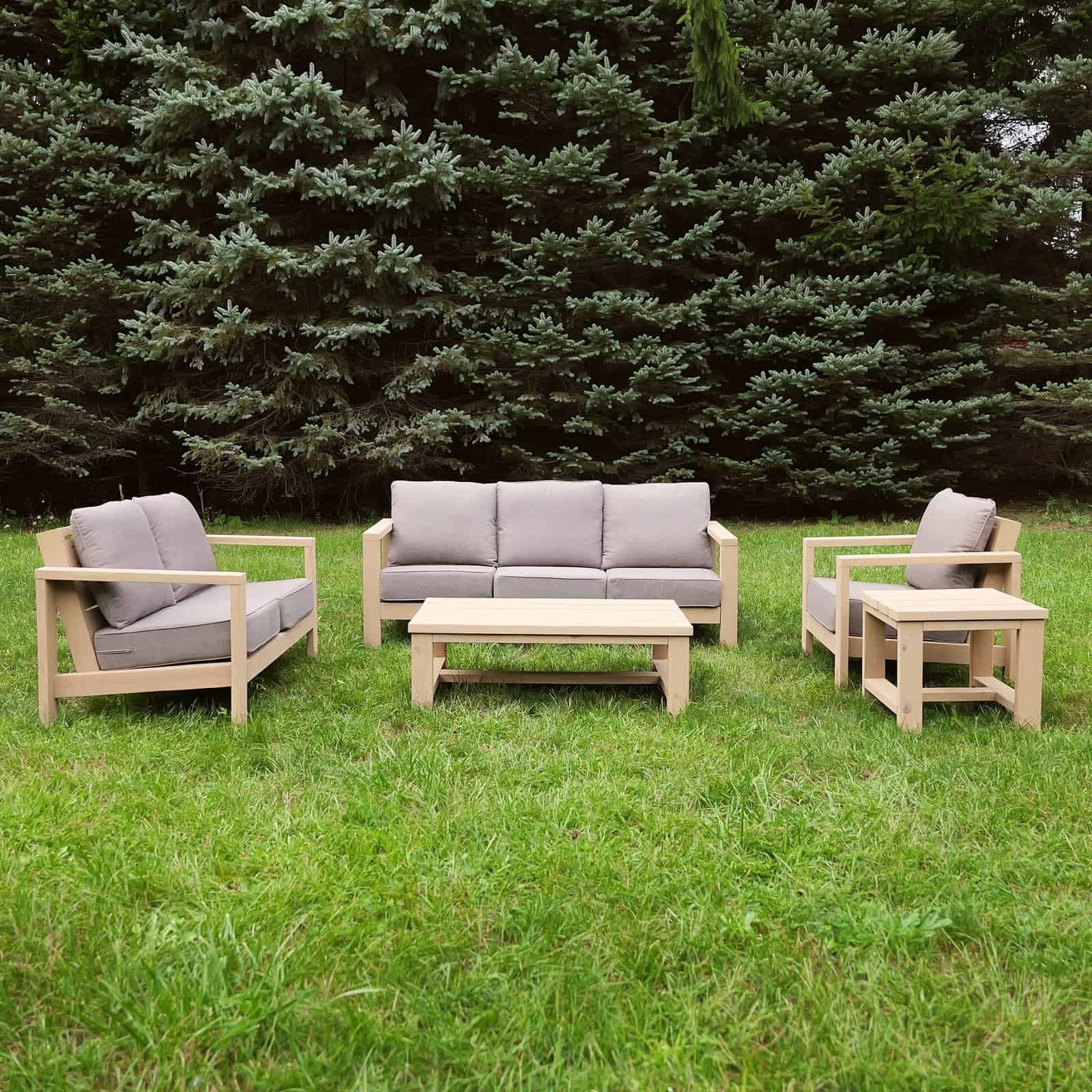 Modern DIY outdoor furniture set built from pressure treated 2x4 and 2x6 lumber