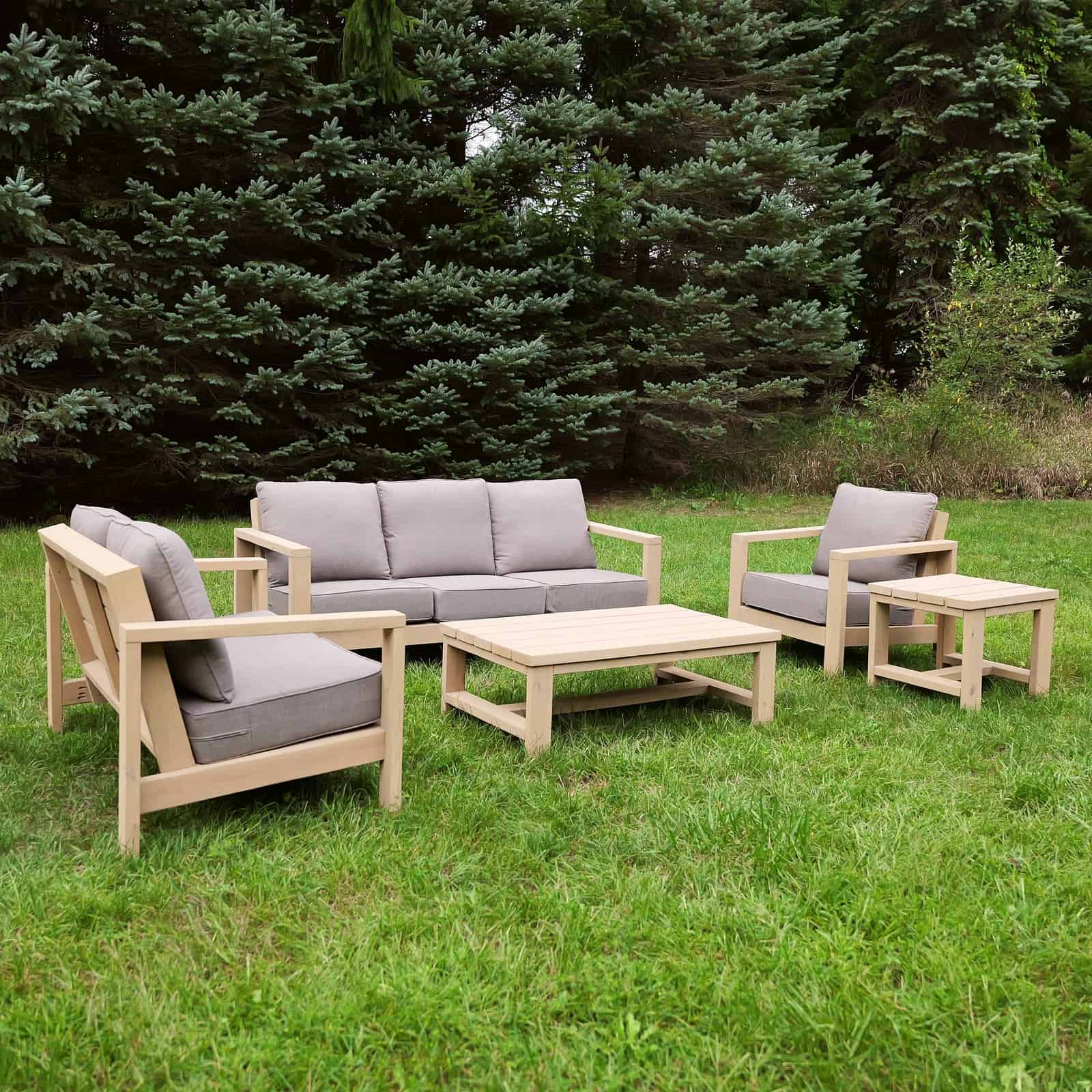 Six 24 inch deep seating cushion sets on a DIY patio furniture set