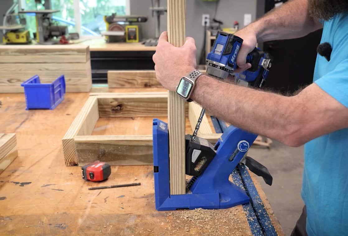 Drilling pocket holes in 2x4 rails for a DIY outdoor chair