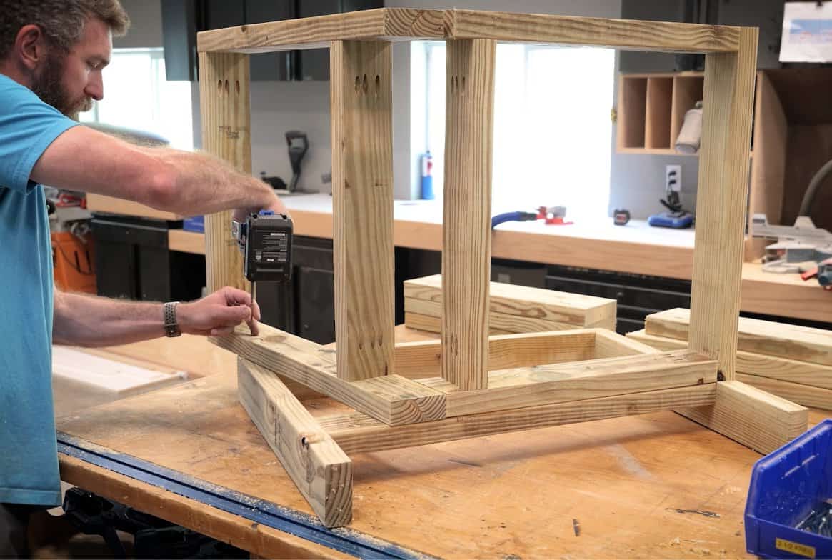 Attaching the seat and back frames to the leg assembly of a DIY outdoor chair