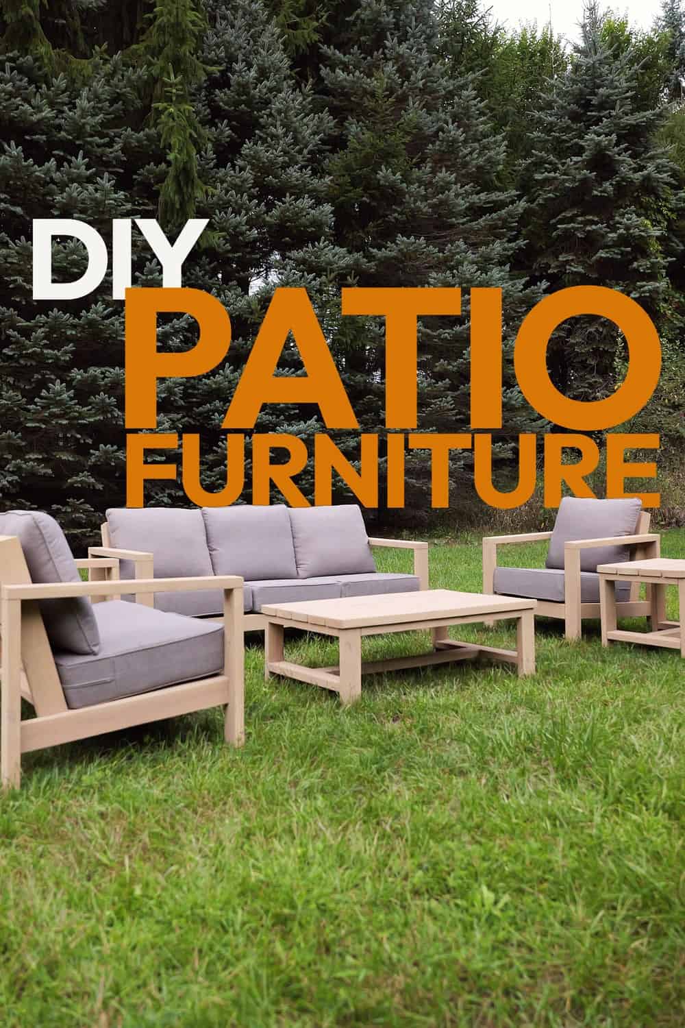 DIY patio furniture set: build a modern outdoor couch, loveseat, chair, coffee table and side table from 2x4s and 2x6s for $265 in lumber. Free tutorial and printable plans from Rogue Engineer.