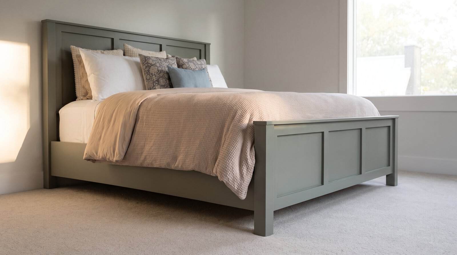 DIY wood bed frame, king size, with a three panel headboard and matching footboard painted green