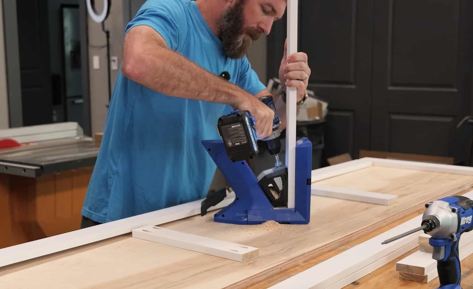 Drilling pocket holes in 1x3 face frame pieces with a pocket hole jig
