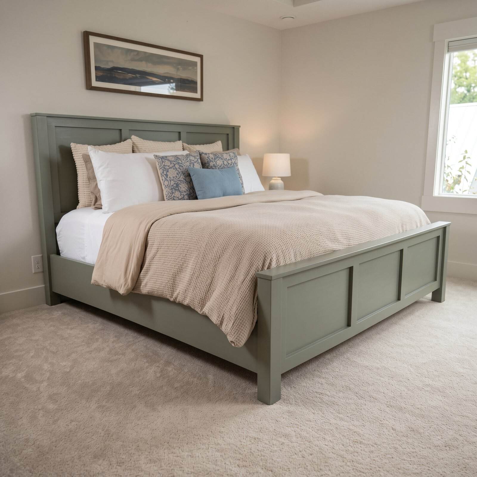 Finished DIY king bed frame painted green with a three panel headboard and matching footboard