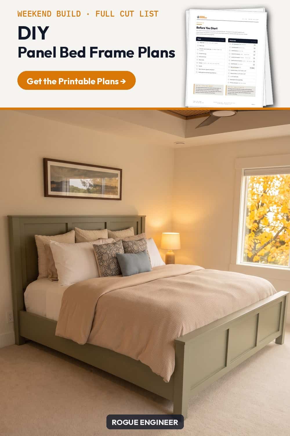 DIY panel bed frame plans: build a king bed with a three panel headboard and matching footboard for about $220 in lumber. Plans for twin to cal king.