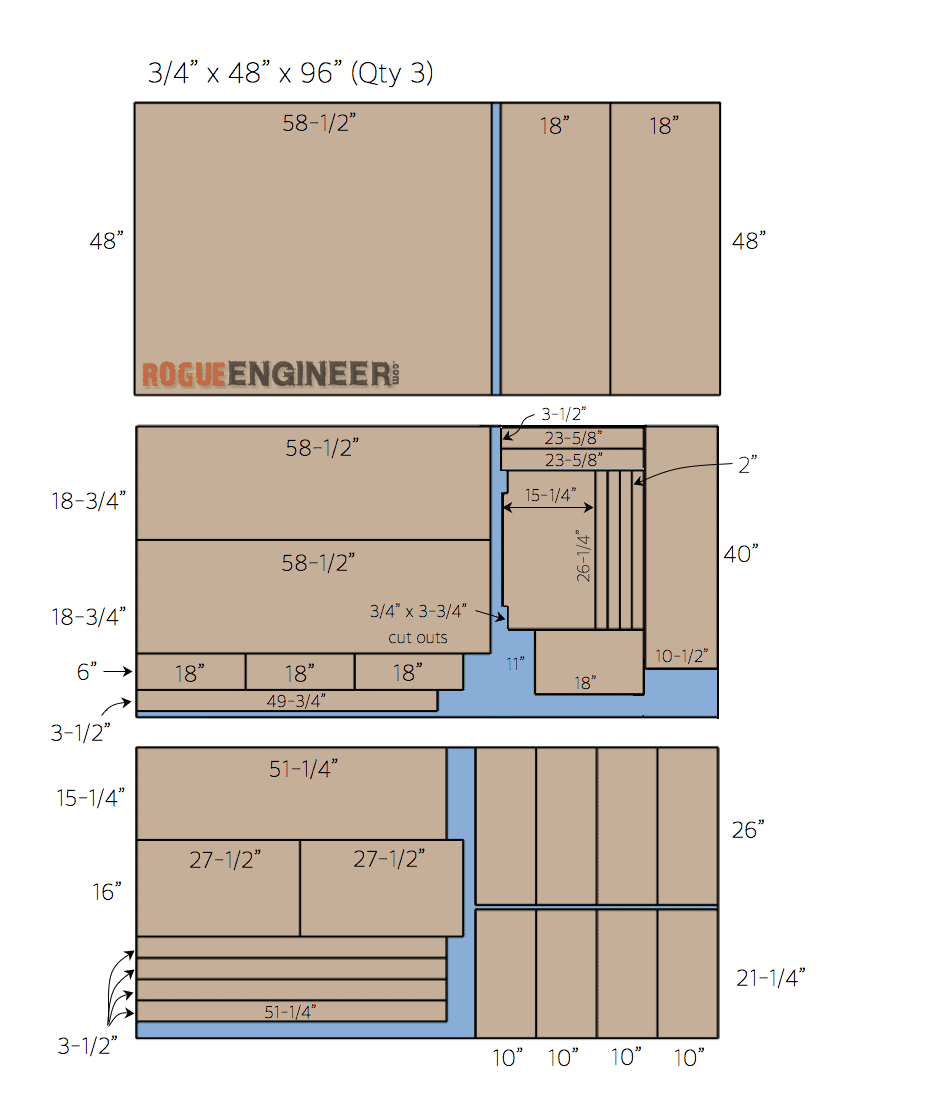 DIY mudroom locker plywood cut list, three 3/4 inch sheets laid out