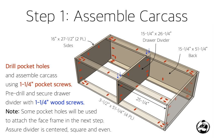Step 1, assemble the bench carcass with pocket screws and set the drawer divider