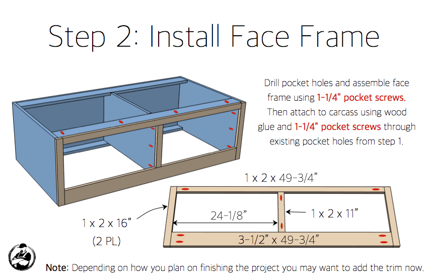 Step 2, assemble and install the bench face frame