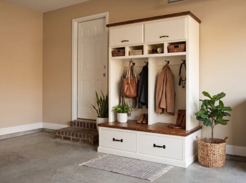 Finished DIY mudroom lockers with bench, drawers, hooks and upper cabinets