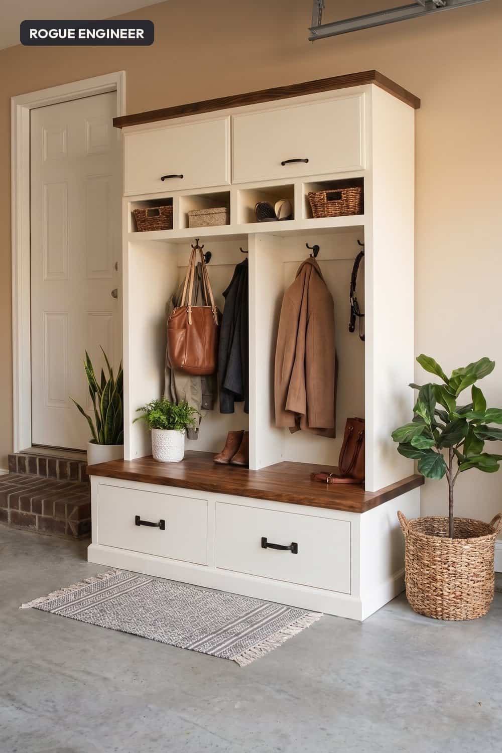 Free DIY mudroom locker plans with a built-in bench. 77-1/2 by 53-1/4 by 29 inches, two deep drawers, four cubbies, upper cabinets and a spot per person. Cut list plus 12 illustrated steps.