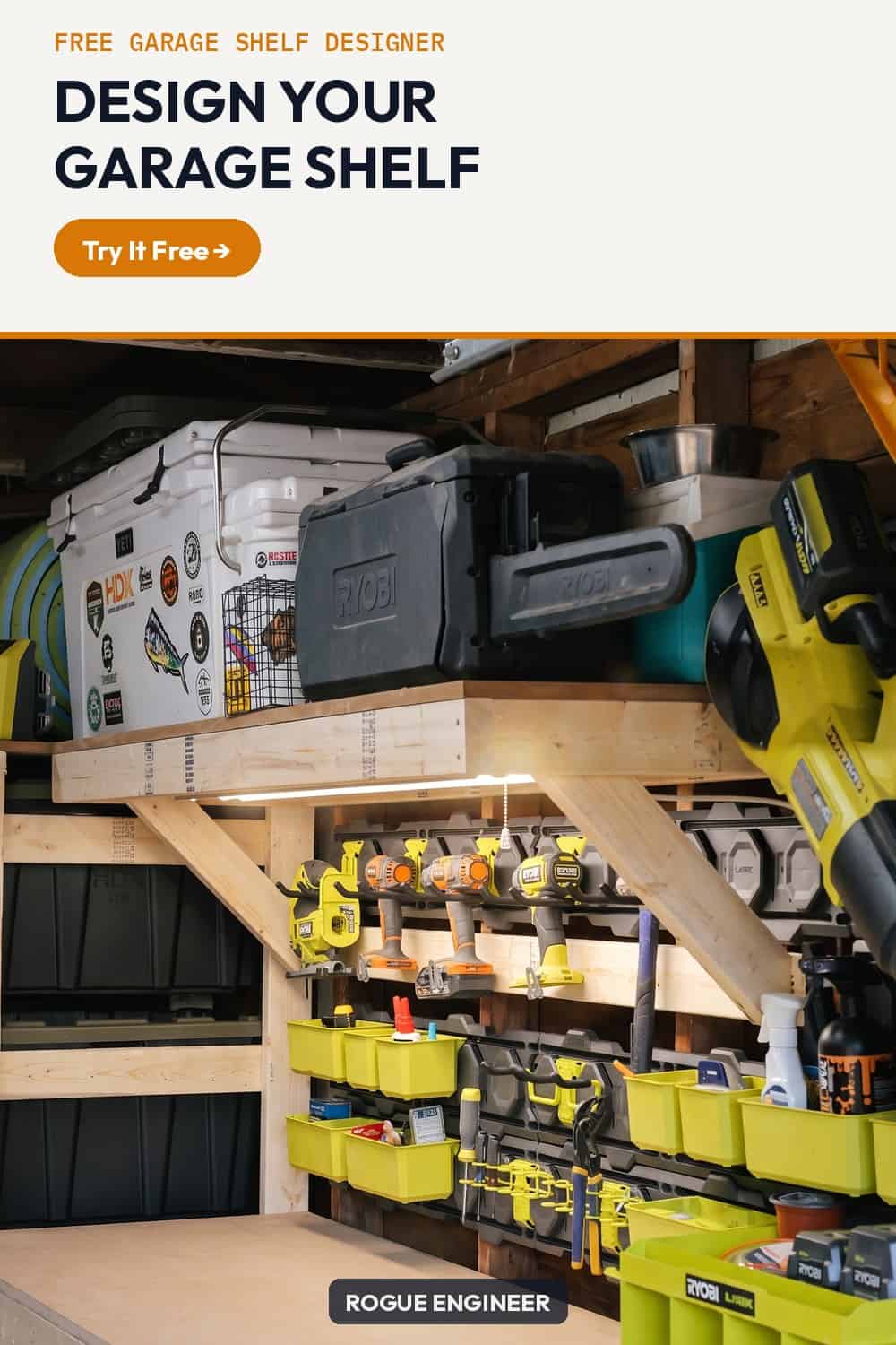 DIY garage shelves: a free designer that sizes 2x4 wall shelves or a shelf above the workbench to your studs, with the cut list, cost and a plans PDF