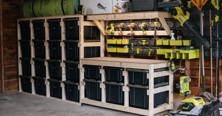 DIY garage storage ideas: tote rack, mobile workbench and wall shelf