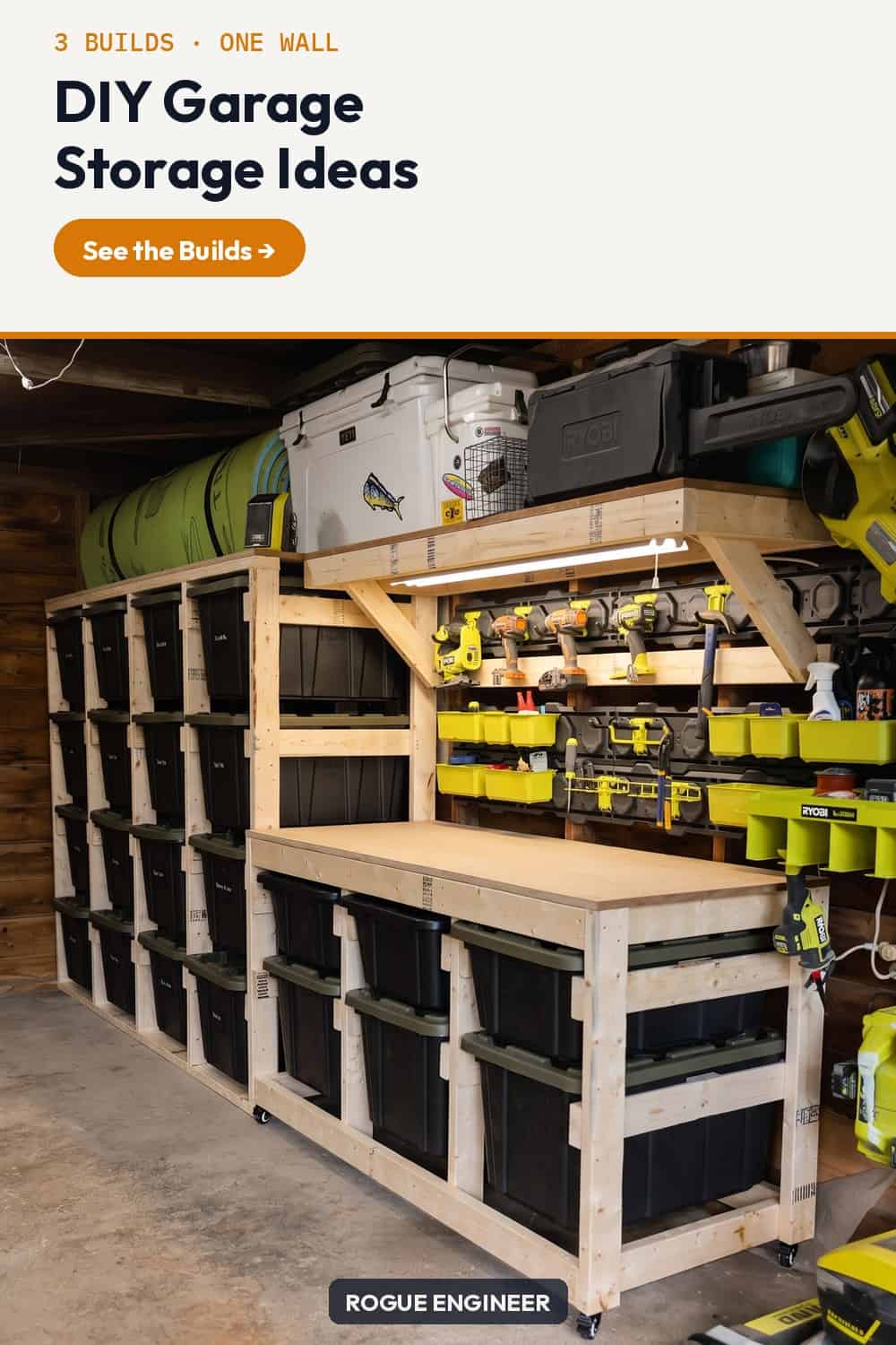 DIY garage storage ideas: a 2x4 tote rack, a rolling tote workbench and a shelf above it on one garage wall, about $310 in lumber, plus more garage storage builds with plans