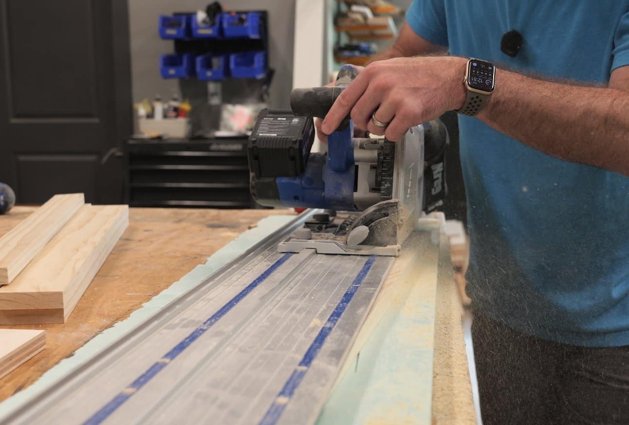 Cutting a taper on a pine leg board with a track saw